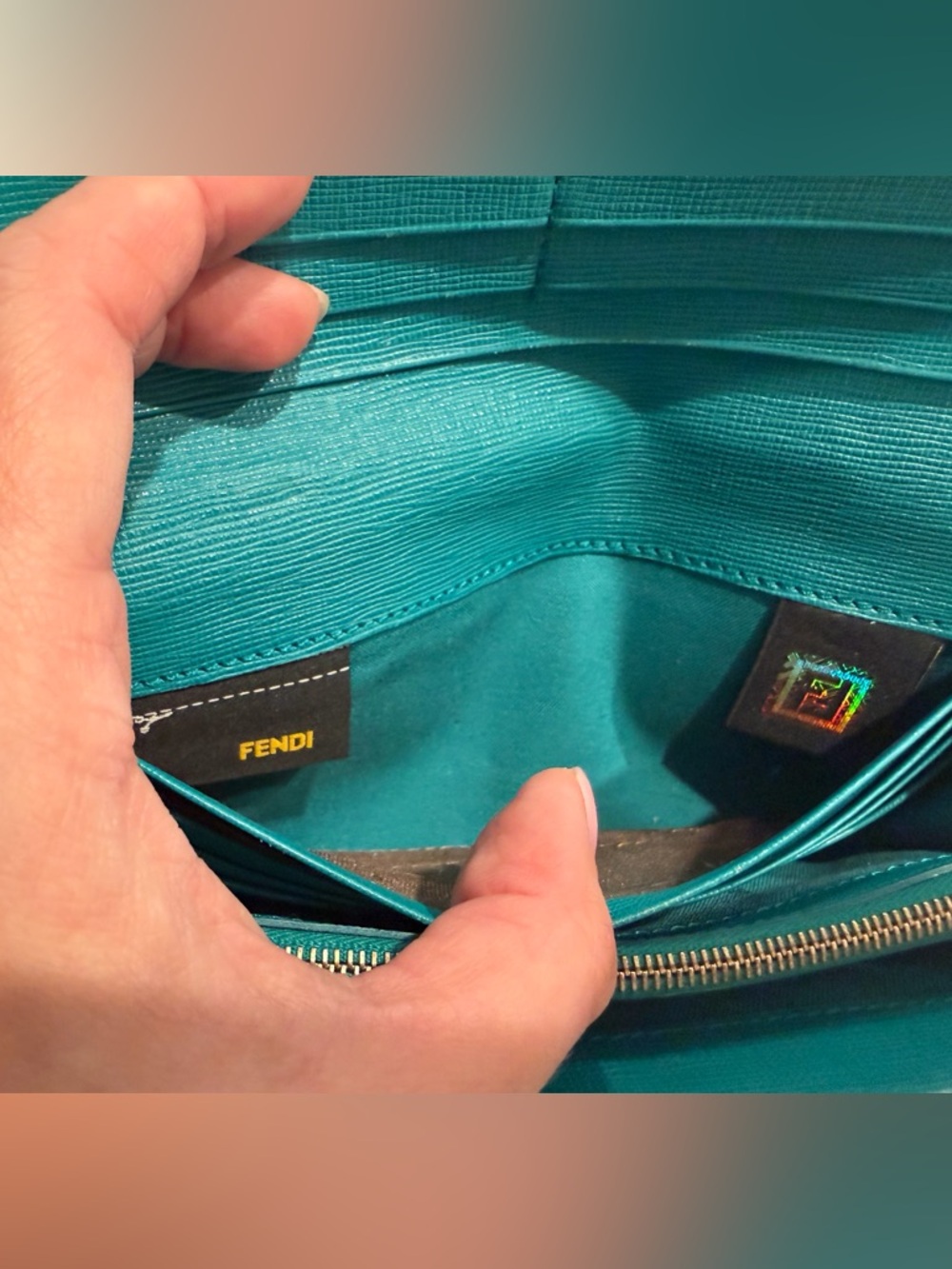 Fendi Teal Leather Continental Wallet with Yellow Fendi Box, Bag, and Dustbag - Picture 9 of 9
